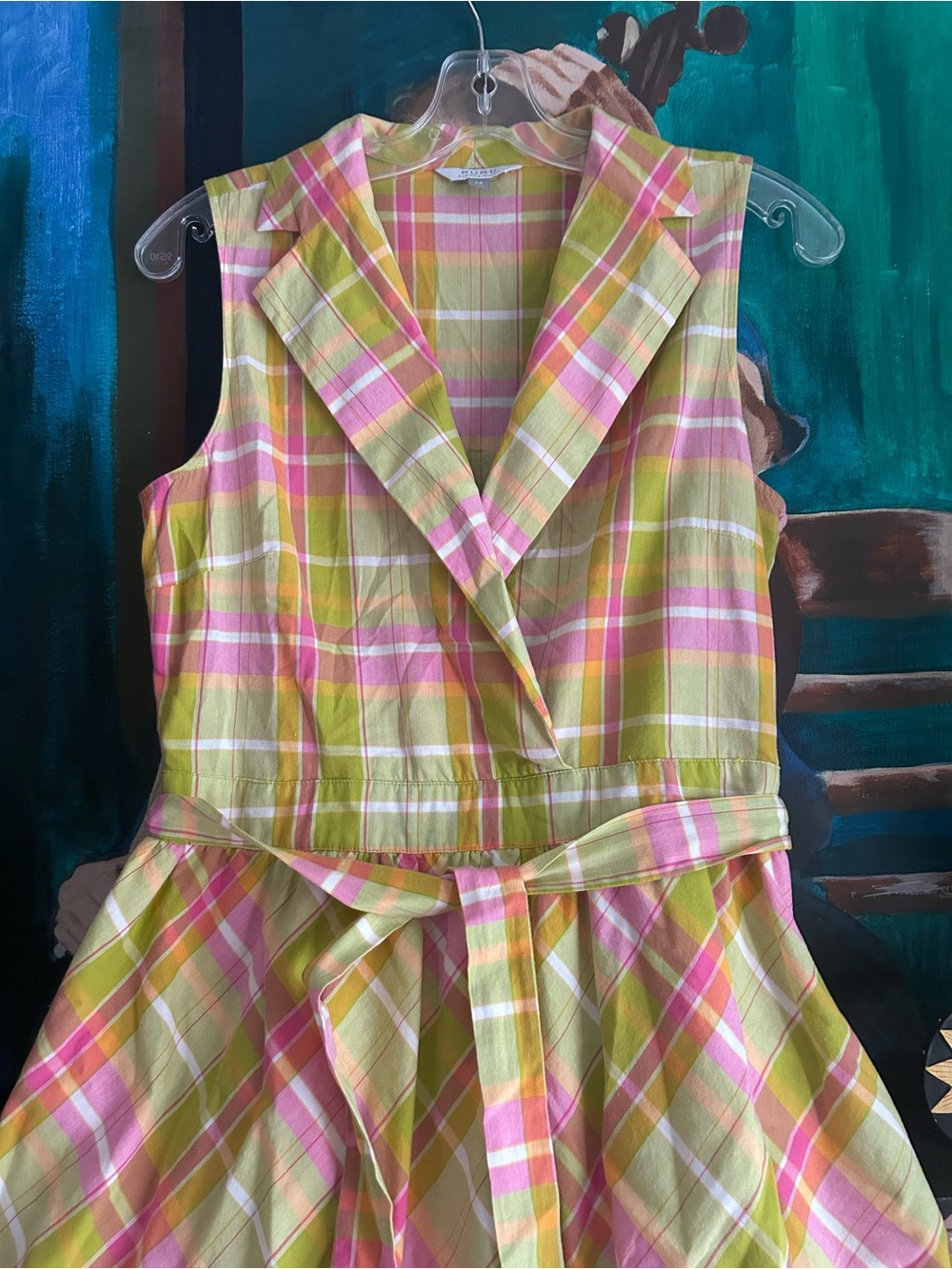 Pure Alfred Sung Plaid Wrap Midi Dress Belted Pink Green Sleeveless Women M - Picture 12 of 16